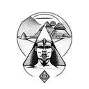 the great sphinx full body with the pyramids of giza in background and palm tree on the side tattoo design idea