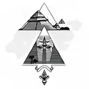 the great sphinx full body with the pyramids of giza in background and palm tree on the side tattoo design idea