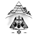 the great sphinx full body with the pyramids of giza in background and palm tree on the side tattoo design idea