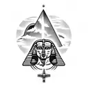 the great sphinx full body with the pyramids of giza in background and palm tree on the side tattoo design idea