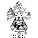 the great sphinx with the pyramids of giza in background and palm tree on the side tattoo design idea