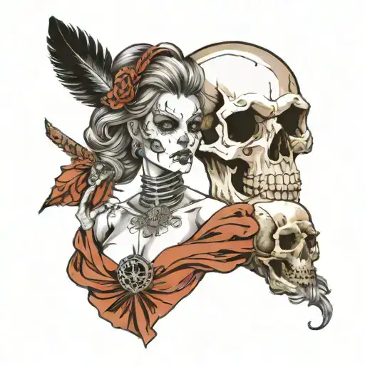Woman with a feather in her hair and parchment on her dress, holding the world in a hand and a skull with an helmet tattoo design idea
