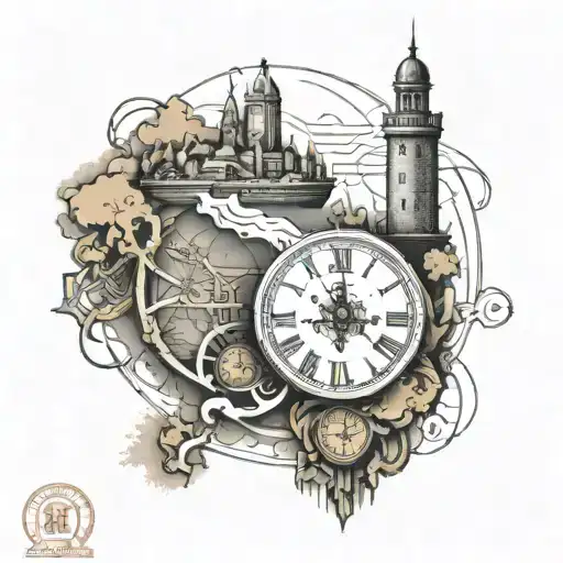 world map sleeve with petrovaradin fortress clock, hourglass, compass, boat rope tattoo design idea