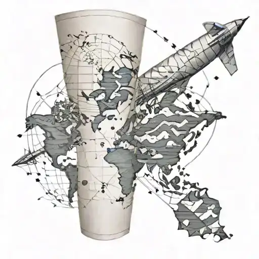 world map arm sleeve with hourglass, compass, boat rope, paper airplane  tattoo design idea