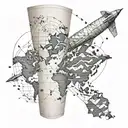 world map arm sleeve with hourglass, compass, boat rope, paper airplane  tattoo design idea