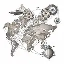 world map arm sleeve with hourglass, compass, boat rope, paper airplane  tattoo design idea