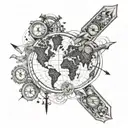 world map arm sleeve with hourglass, compass, boat rope, paper airplane  tattoo design idea