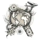 world map arm sleeve with hourglass, compass, boat rope, paper airplane  tattoo design idea