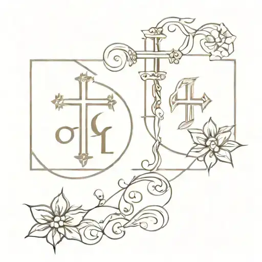 Names Dominic and Augustine incorporated with Catholic symbols tattoo design idea
