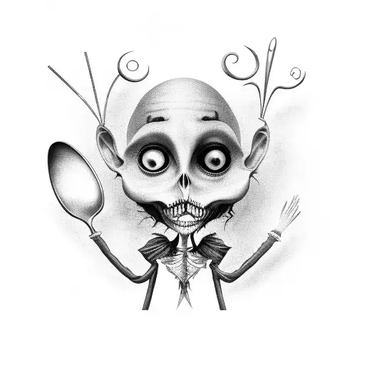 A black-grey tattoo of a Tim Burton-inspired chef, with hauntingly beautiful cooking utensils and ingredients tattoo design idea