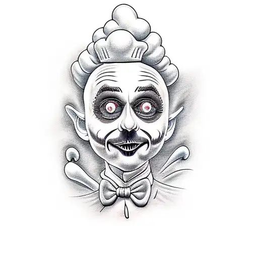 A black-grey chef tattoo of a Tim Burton and willy wonka-inspired chef, with hauntingly beautiful cooking chef knife  tattoo design idea