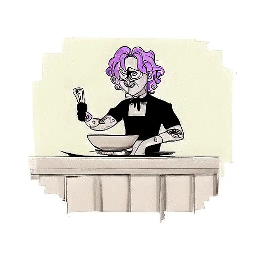 A black-grey chef tattoo of a Tim Burton and willy wonka-inspired chef, with hauntingly beautiful cooking chef knife  tattoo design idea