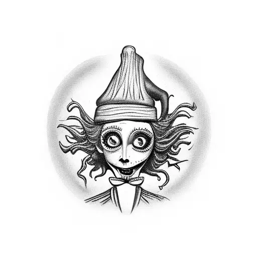 A black-grey chef tattoo of a Tim Burton and willy wonka-inspired chef, with hauntingly beautiful cooking chef knife  tattoo design idea