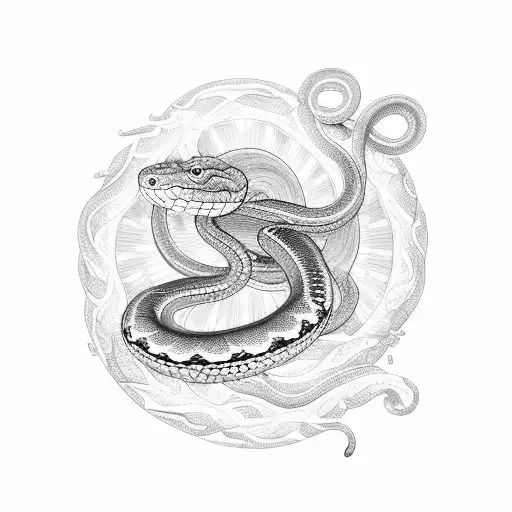 A mystical snake coiled around a vibrant sunset, with intricate dotwork detailing tattoo design idea