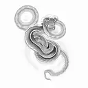 A mystical snake coiled around a vibrant sunset, with intricate dotwork detailing tattoo design idea