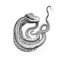 A mystical snake coiled around a vibrant sunset, with intricate dotwork detailing tattoo design idea