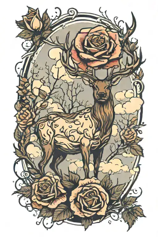 a single rose in the woods with deers in the background and heavenly clouds tattoo design idea