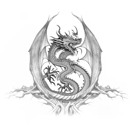 Dragon perched on a mythical tree with intricate roots tattoo design idea