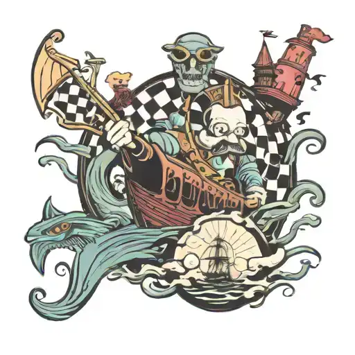 Rum ham Jester Homer fading into bush Nikola Tesla head flying Spiral Ship sinking in waves Checkerboard  tattoo design idea