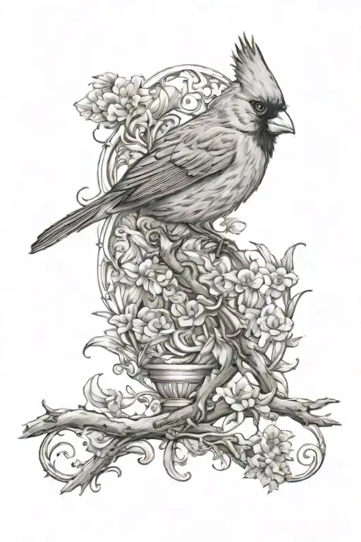 "I have an existing cardinal tattoo with prominent red coloring on my upper right arm. I would like to generate a detail tattoo design idea