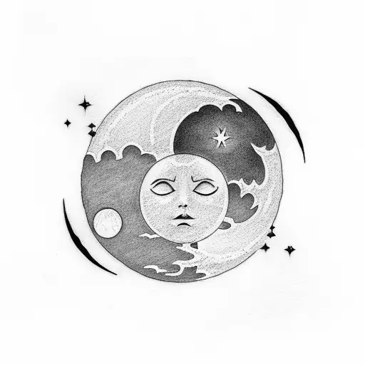 sun and moon in dark clouds with night sky tattoo design idea
