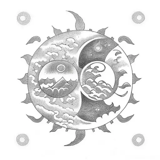 sun and moon in dark clouds with night sky tattoo design idea