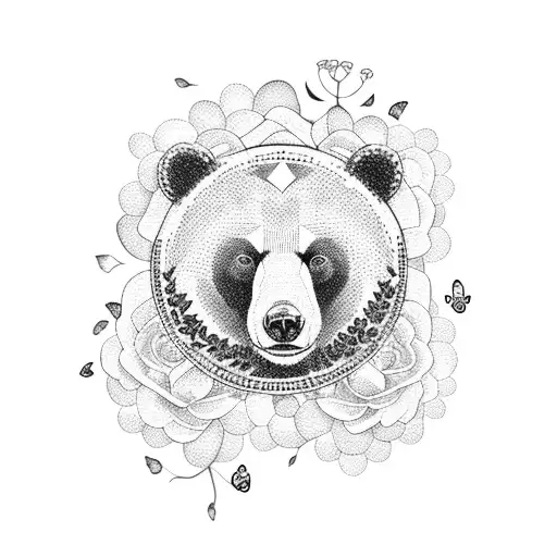 A dotwork tattoo of a bear surrounded by butterflies and flowers tattoo design idea