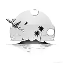 A sun setting behind a mountain range, with a plane flying above and palm trees in the foreground tattoo design idea
