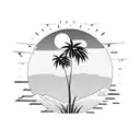 A sun setting behind a mountain range, with a plane flying above and palm trees in the foreground tattoo design idea