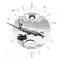 A sun setting behind a mountain range, with a plane flying above and palm trees in the foreground tattoo design idea