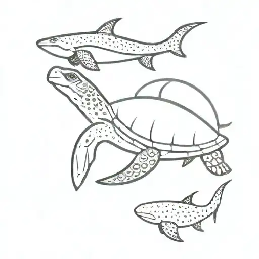 A minimalist design of a  line sea turtle with tribal fins and a line of a whale shark in   tattoo design idea