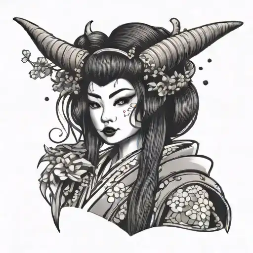 A tattoo of a traditional Japanese geisha with demon horns, blending elements of anime and Asian folklore tattoo design idea