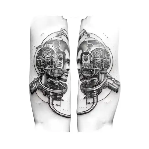 coeur mécanique ,épaule et biceps cyborgs cyberpunk tattoo design idea