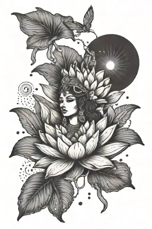 Isis goddess and a Water lily flower saying "Just us" in egyptian tattoo design idea