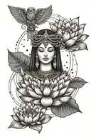 Isis goddess and a Water lily flower saying "Just us" in egyptian tattoo design idea