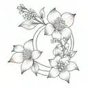 A half moon with heather flower and hellebore flower tattoo design idea