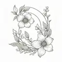 A half moon with heather flower and hellebore flower tattoo design idea