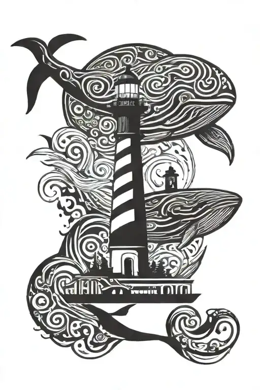 lighthouse and behind a blue whale tattoo design idea