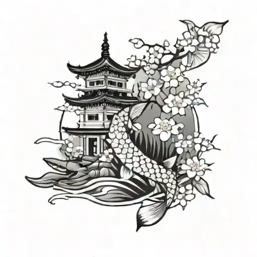A Japanese-inspired half sleeve tattoo featuring traditional motifs such as cherry blossoms and koi fish, with a lighthouse incorporated to represent guidance and protection for your family. tattoo design idea