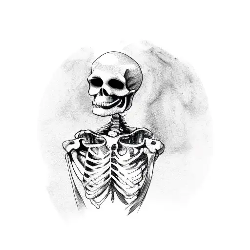 female hand pointing at a sad skeleton tattoo design idea