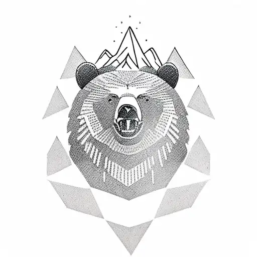 A minimalist tattoo of a bear standing atop a mountain peak, with an eagle soaring above it. tattoo design idea