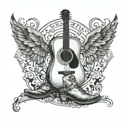 A country music inspired tattoo featuring a guitar and cowboy boots tattoo design idea