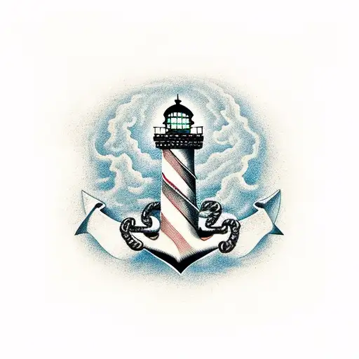 anchor with rope near a lighthouse  tattoo design idea