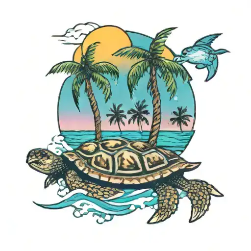 Palm trees, beach scene, sea turtle, grateful dead lightning tattoo design idea