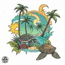 Palm trees, beach scene, sea turtle, grateful dead lightning tattoo design idea