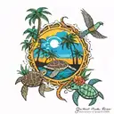 Palm trees, beach scene, sea turtle, grateful dead lightning tattoo design idea
