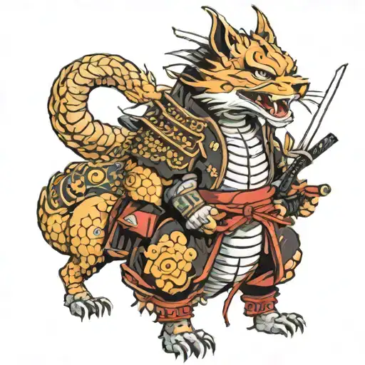 samurai with katana tabs is a centipede with two heads.One head is a goo dog and the other a kitsune tattoo design idea