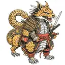 samurai with katana tabs is a centipede with two heads.One head is a goo dog and the other a kitsune tattoo design idea