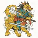 samurai with katana tabs is a centipede with two heads.One head is a goo dog and the other a kitsune tattoo design idea