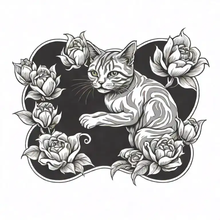 clouds surrounding Jesus stripped cat with tulips Van tattoo design idea